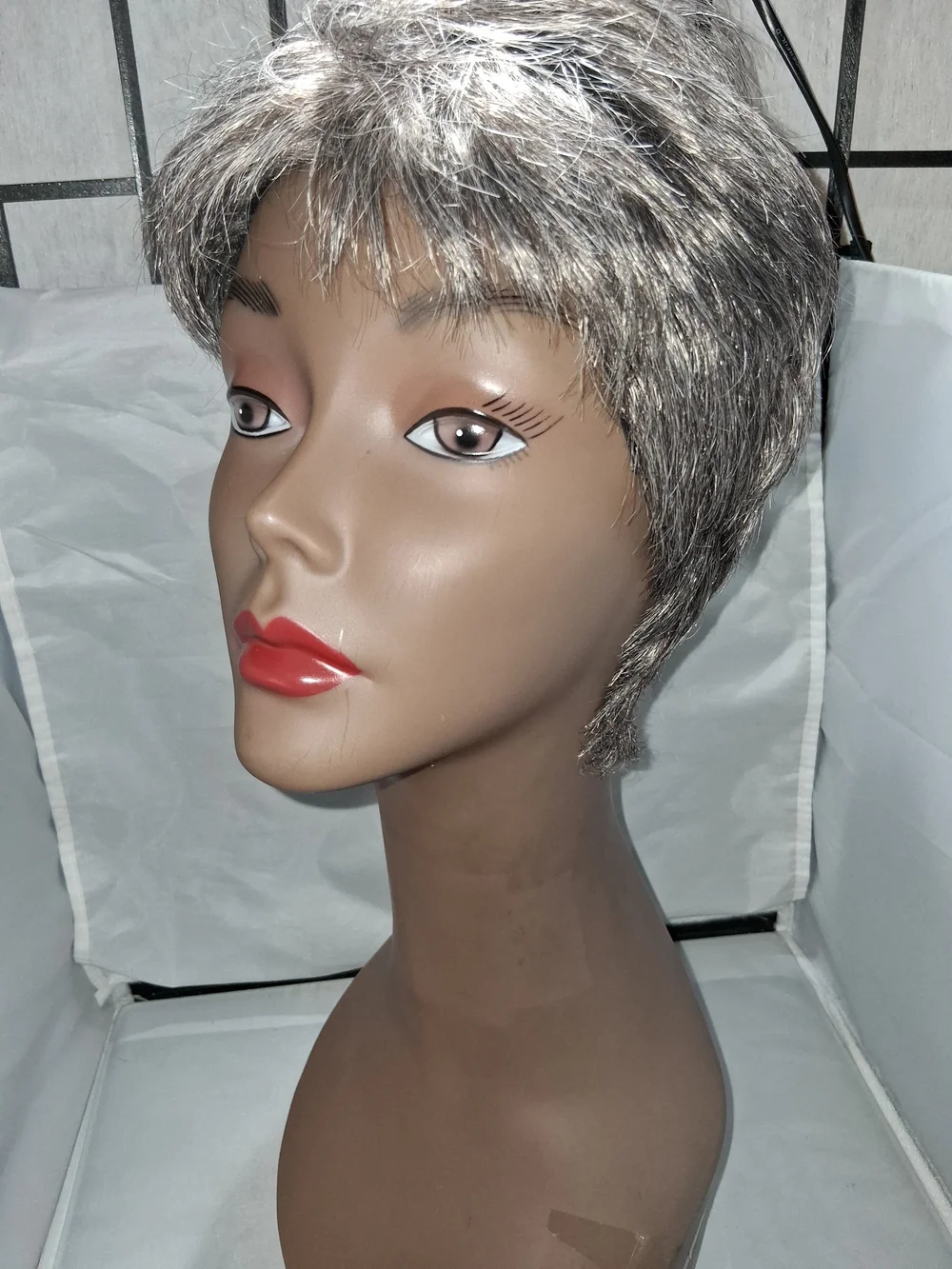 Source Unknown Short Layered Wig in Silver Blonde and Dark Gray